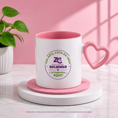 Caneca cerâmica com Alça e Interior Coração Rosa 325ml