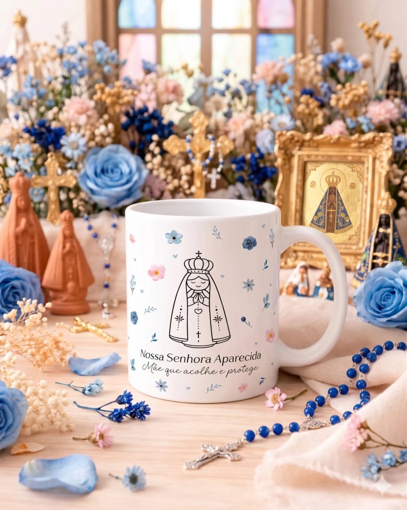 Caneca Cerâmica Nossa Senhora Aparecida com alça Branca 325ML.